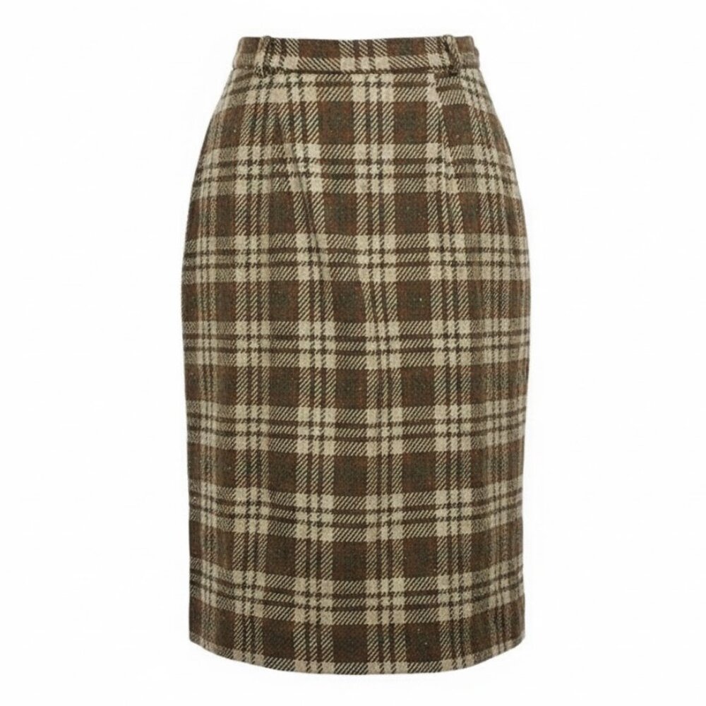 VTG Seaton Hall Plaid Skirt Womens 11/12 Brown Wool Tweed Academic Pencil Midi